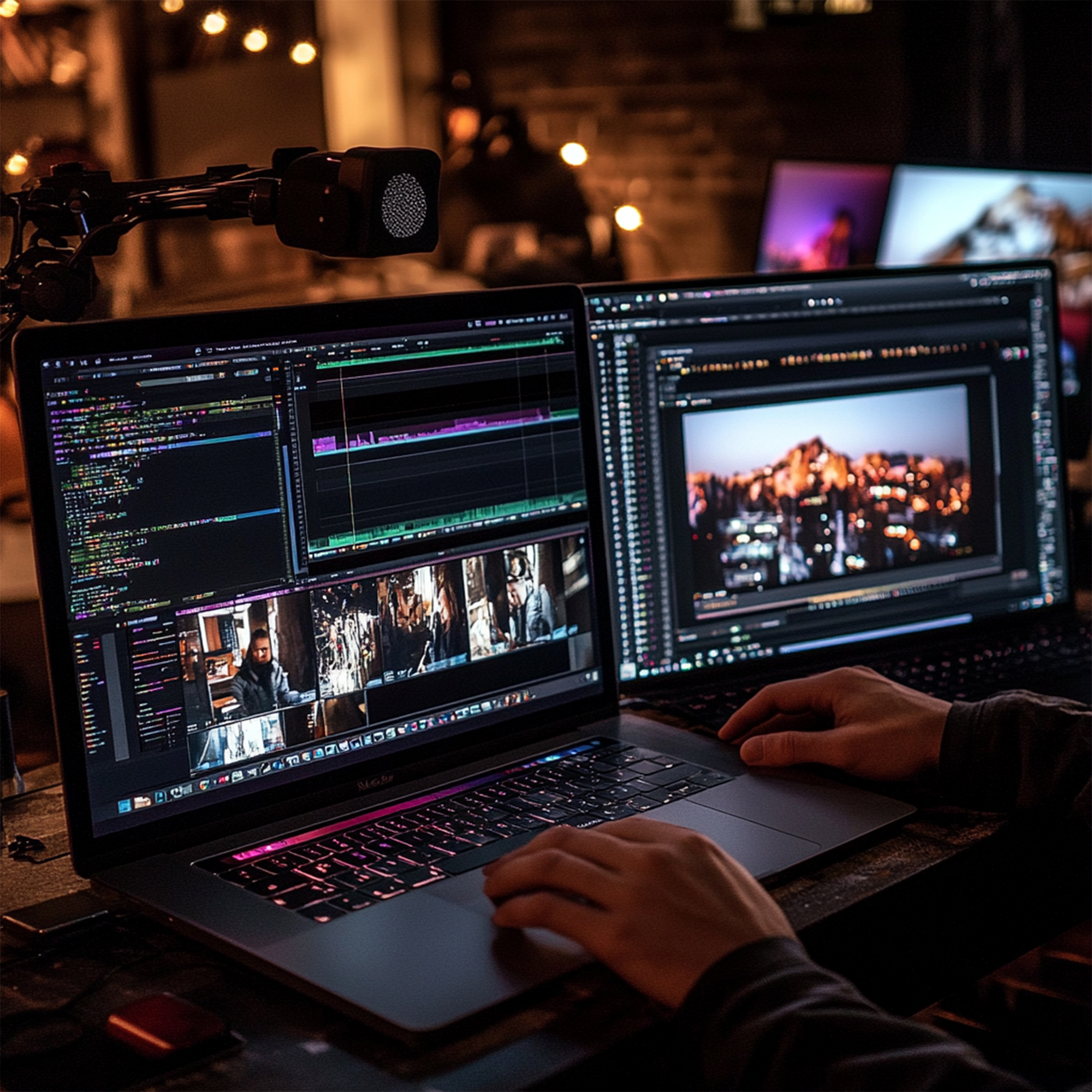 man-working-two-laptops-editing